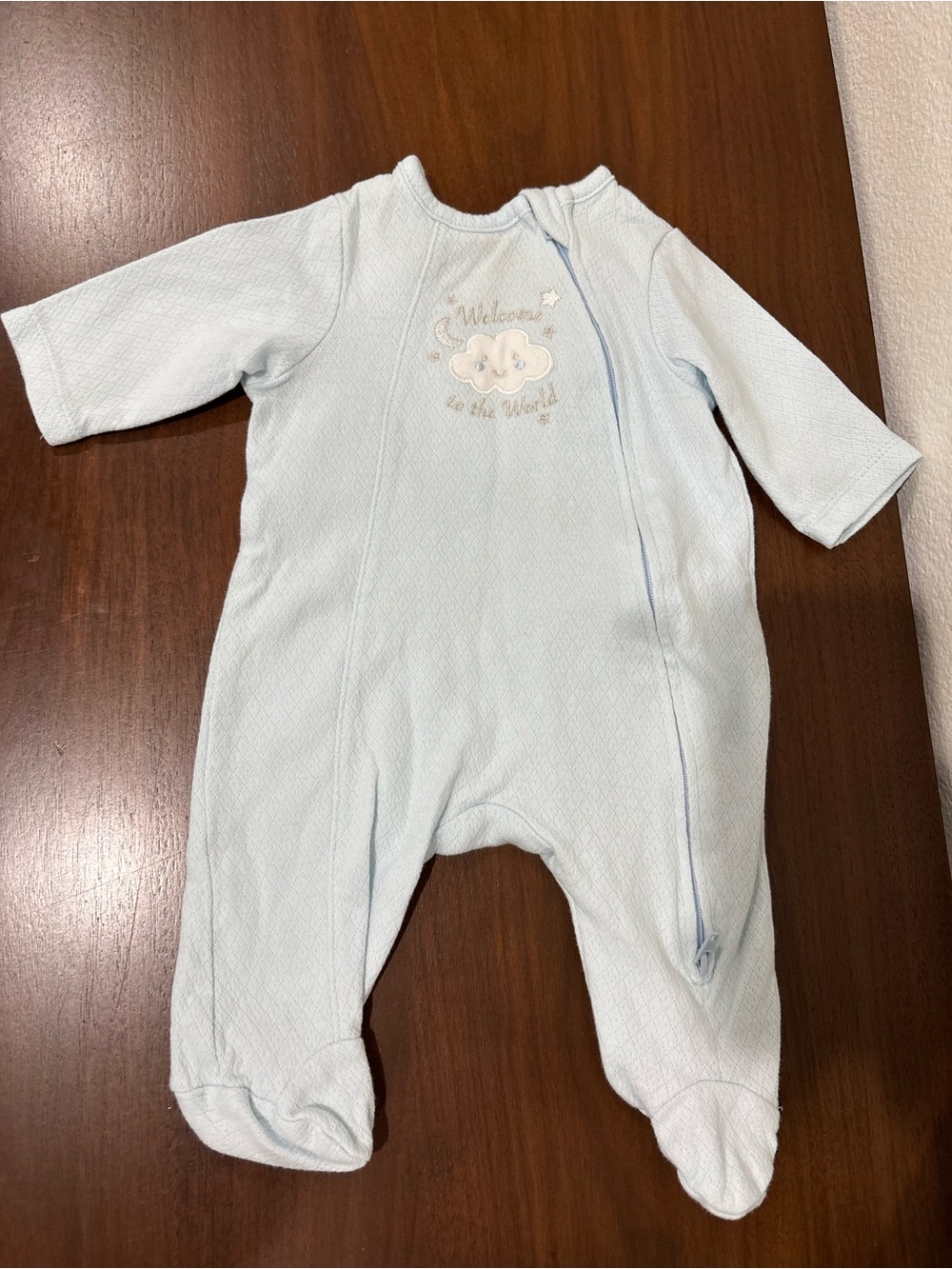 Little Me Light Blue Footed One-Piece with Cloud Embroidery